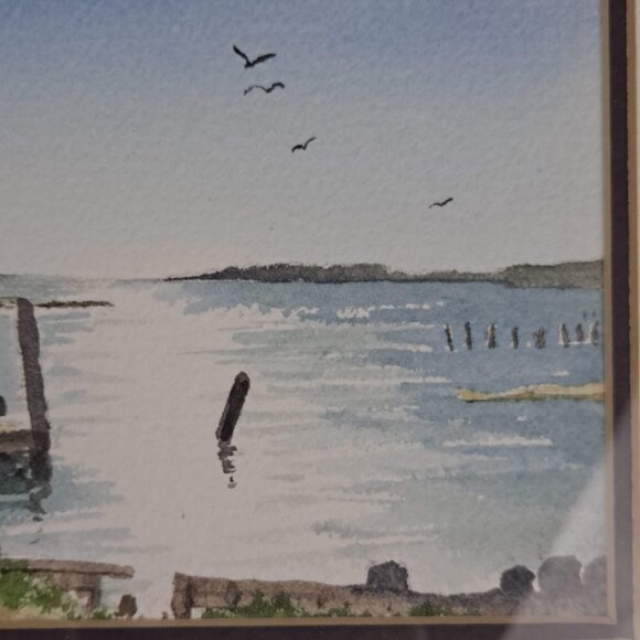 Watercolor Print Dock & Water Scene Gold Frame w/Glass Artist Signed Lukovic - Picture 4 of 7